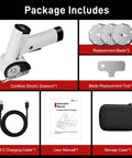 SEEKNEW Cordless Electric Scissors With LED Display, Four Speeds Power Box Cutter package including charging cable and replacement blades.