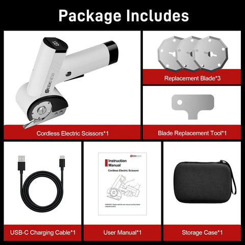 SEEKNEW Cordless Electric Scissors With LED Display, Four Speeds Power Box Cutter package including charging cable and replacement blades.