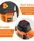 Powerful 13 Amp SDS Plus Rotary Hammer Drill featuring heat exhaust outlet and anti-dust structure in orange design.