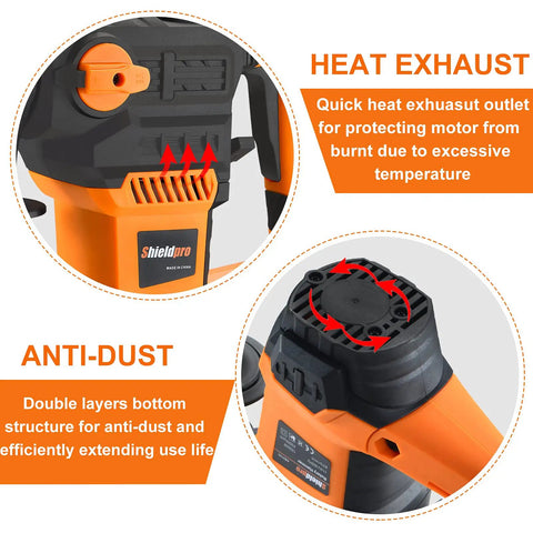 Powerful 13 Amp SDS Plus Rotary Hammer Drill featuring heat exhaust outlet and anti-dust structure in orange design.