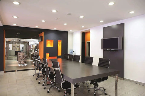 Office meeting room with 12 Pack 3 Inch New Construction Recessed Lighting Housing Air Tight IC Rated Steel Can ceiling lights