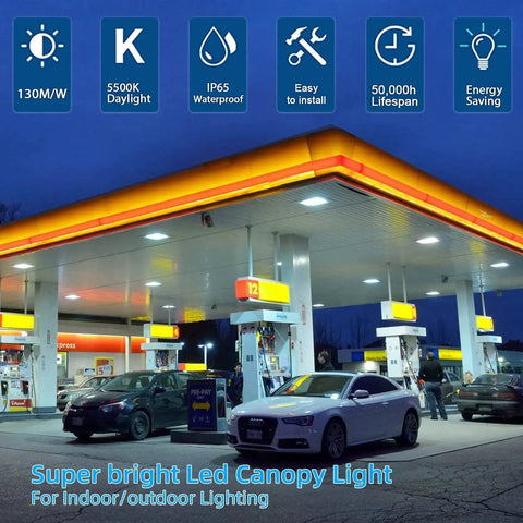Gas station illuminated by High Bright LED Canopy Light Fixture 70W Replaces 500W HID Low Profile 5850 Lumens 5700K Cool White IP65