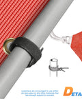 Close-up of 20x20 Foot Shade Cloth With Grommets Sun Shade Sail Rectangle For Deck Carport Backyard And Pergola Coverings UV Blocker HDPE 180 GSM Fade Resistant Easy To Clean Stainless Steel Corner D Rings Red attached to pole with velcro