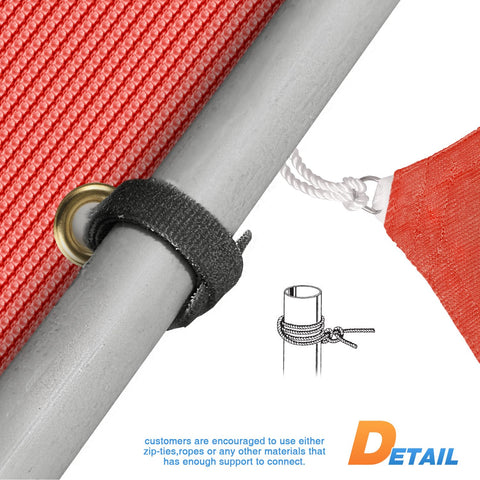 Close-up of 20x20 Foot Shade Cloth With Grommets Sun Shade Sail Rectangle For Deck Carport Backyard And Pergola Coverings UV Blocker HDPE 180 GSM Fade Resistant Easy To Clean Stainless Steel Corner D Rings Red attached to pole with velcro