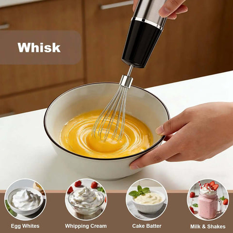 Cordless Hand Blender That Hits Different With Six Speed Settings And Four Versatile Attachments Including Chopper Whisk And Frother For Effortless Meal Prep, whisking egg mixture in bowl.