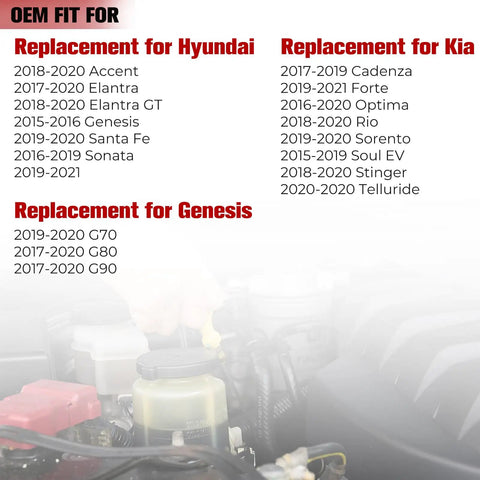 List of Hyundai Kia models compatible with OEM replacement radiator cap, including Elantra, Sonata, Optima, and Telluride.