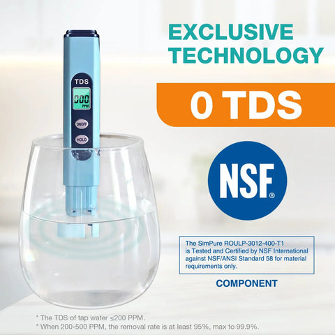TDS meter in glass demonstrating T1 Series RO Replacement Cartridge For T1 400UV And T1 400ALK Water Purification System efficiency