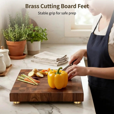 8 Piece Brass Cutting Board Feet With Non Slip Rubber Pads And Mounting Screws for Kitchen Chopping Blocks in use