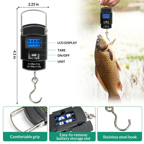Close-up of digital weigh scale with fish, part of All In One Fishing Waist Pack Kit With Tackle Box And Lure Kit for freshwater and saltwater.