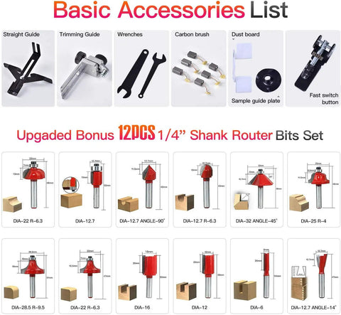 Basic accessories list and 12-piece 1/4 inch shank router bits set for Compact Palm Router Tool For Woodworking, Handheld Trimmer And Joiner.