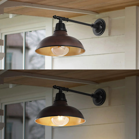 Industrial Farmhouse Outdoor Sconce With Wood Finish And Copper Bowl Shade 1 Light Iron Wall Lamp With LED Bulb mounted outdoors