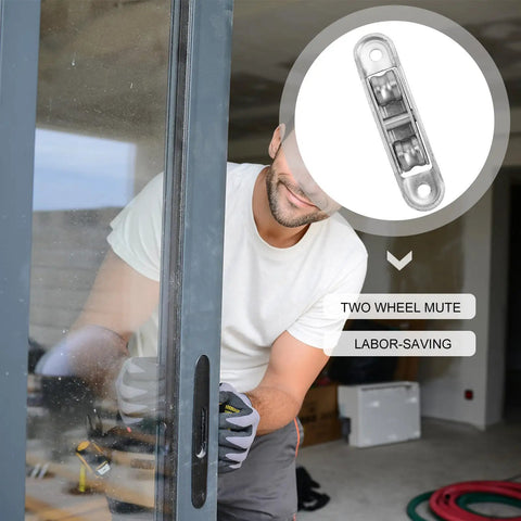 Smooth As Silk Double Bearing Window Sash Pulley Wheel And Whisper Quiet Sliding Door Roller For Home Cabinet Doors Screen Tracks Heavy Duty Quick Swap Replacement Sets, shown being installed in a door.
