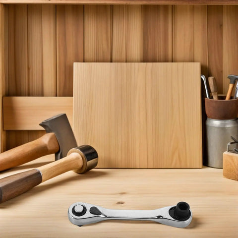 Real Deal Mini Double Ended Socket Ratchet Wrench With A Sweet Quick Direction Flip For Cranking Hex Fasteners In Those Awkward Tight Squeezes Around The Garage Shed on a wooden workbench.