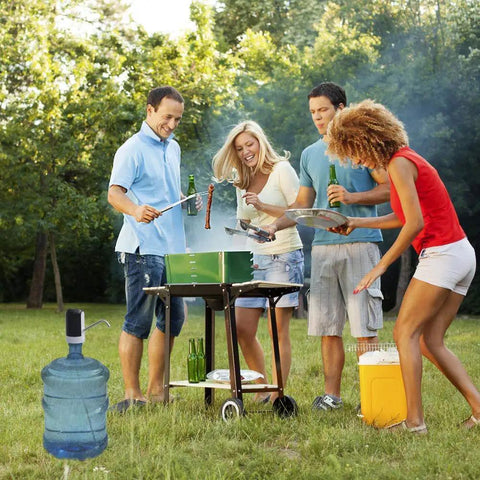 Group enjoying BBQ with a 5 Gallon Electric Water Dispenser Pump For 2 To 5 Gallon Jugs, USB Rechargeable Water Bottle Pump on patio.