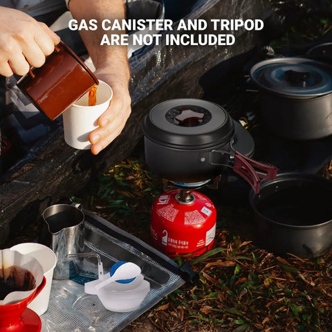 All Purpose Camping Cookware Mess Kit with hard-anodized aluminum pot on portable stove, hands pouring drink