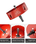 Front view of a 4-inch bi-metal HSS hole saw with pilot bit; red body and serrated cutting edge.