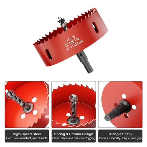 Front view of a 4-inch bi-metal HSS hole saw with pilot bit; red body and serrated cutting edge.