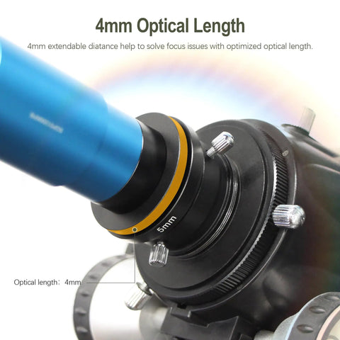Close-up of anodized aluminum T2 Female To C Mount Telescope Camera Adapter showing 4mm optical length extension ring