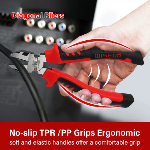 Five Piece Pliers Set In Cr-V Chrome With 6 Inch Needle Nose Pliers, 8 Inch Lineman Pliers, 6 Inch Wire Cutter, 7 Inch Channel Locks Pliers, And 8 Inch Adjustable Wrench Built Tough For DIY And Pro Jobs showing rubber grips