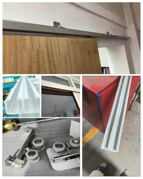 Silver Barn Door Track With Rollers For 2 Bypass Sliding Closet Doors, Double Pocket Door Kit, 104 Inch Long, installed view.