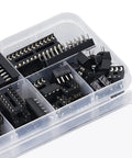 66 Piece DIP IC Sockets Assortment 6 Pin To 28 Pin Flat For PCB Prototyping And DIY Electronics Projects Double Row Insulated Plastic Chip Socket Connectors in clear organizer box.