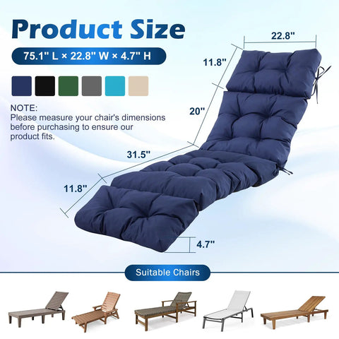 Outdoor Chaise Lounge Cushions Waterproof And Fade Resistant With Ties For Patio, Poolside, Lawn And Beach, 75.1x22.8x4.7 Inch Navy Blue
