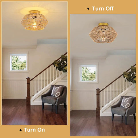 Cozy Boho Rattan Ceiling Light With Handwoven Cage Shade 12.6 Inch Coastal Semi Flush Mount in living room, turned on and off