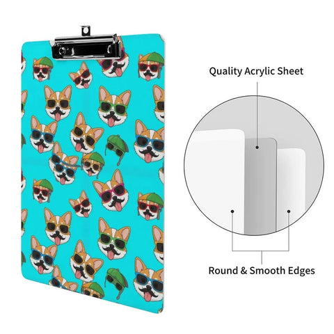 Dope Low Profile Acrylic Clipboard With Adorable Corgi Glasses Print Built For Desk Work Sturdy Writing Surface Fits Standard Letter Or A4 Paper Easy Clip And Smooth Glide For Notes And Sketches, 8.5 x 12.5 in acrylic clipboard
