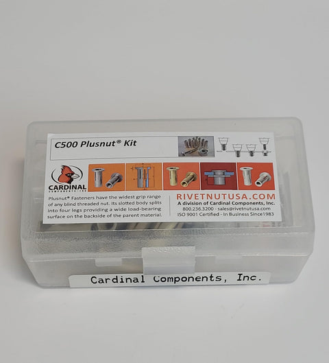 Garage Proven PlusNut PreBulb Fastening Kit With Five Sixteen Eighteen Thread Driver and Ten Heavy Duty Steel Inserts view in clear storage case.
