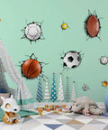 Room with 3D Dope Sport Ball Wall Stickers Break Through Kit for Basketball, Football, Rugby, Baseball DIY Sports Decor