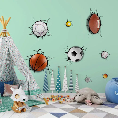 Room with 3D Dope Sport Ball Wall Stickers Break Through Kit for Basketball, Football, Rugby, Baseball DIY Sports Decor