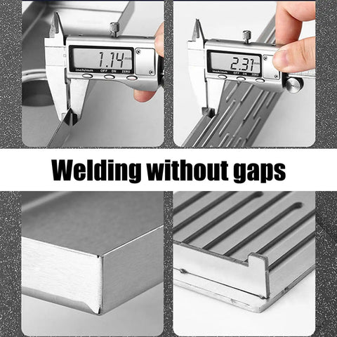 Close-up of Heavy Duty 304 Stainless Steel Rectangular Linear Shower Drain Grate With Built In Hair Strainer For Bathroom Floors measurements and design details.