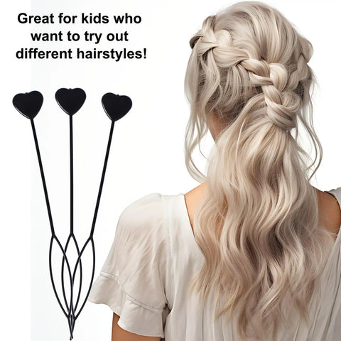 12 Pack Hair Beader Tools For Braids With Beads And Ponytails, Hair Pull Through Loop Set For Girls, Easy DIY Braiding Accessory Kit For Beaded Styles, 7.87 Inch Sticks For Quick And Creative Hairstyles. Black heart-tipped hair beader tools shown beside braided ponytail style.