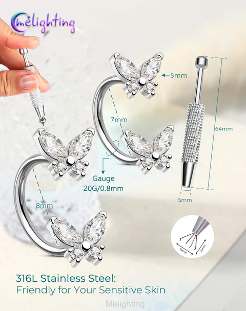 20G Butterfly Horseshoe Nose Ring Hoop With Push Pin Ends Taper Ball Grabber Tool 316L Surgical Steel CZ Clear Jewelry Set
