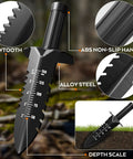 Heavy Duty Metal Detector Shovel With Double Serrated Edge Belt Mount Sheath Detecting And Digging Tool featuring depth scale and ABS handle