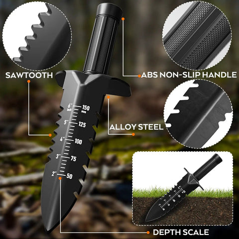 Heavy Duty Metal Detector Shovel With Double Serrated Edge Belt Mount Sheath Detecting And Digging Tool featuring depth scale and ABS handle