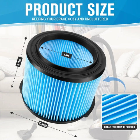 VF3500 Replacement Filter Two Pack For 4 Gallon Wet Dry Shop Vacuums shown with dimensions and close-up of 3-layer filter design