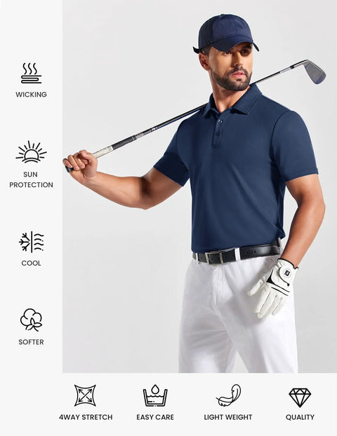 Person wearing Men's Golf Polo Shirt Quick Dry Cotton Short Sleeve Breathable Anti Sweat Wrinkle Resistant Tactical Collared Navy