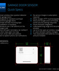 Diagram of smart wireless garage door sensor with specifications, showing dimensions and features for Worlds Longest Range Garage Door Controller And Wireless Sensor Kit For Your Existing Opener LoRa Remote Control Works With Alexa And IFTTT Hub Required.