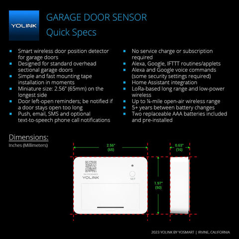 Diagram of smart wireless garage door sensor with specifications, showing dimensions and features for Worlds Longest Range Garage Door Controller And Wireless Sensor Kit For Your Existing Opener LoRa Remote Control Works With Alexa And IFTTT Hub Required.