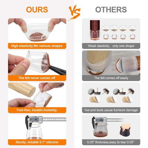 Comparison of silicone chair leg floor protectors, highlighting elasticity and secure fit versus traditional design.
