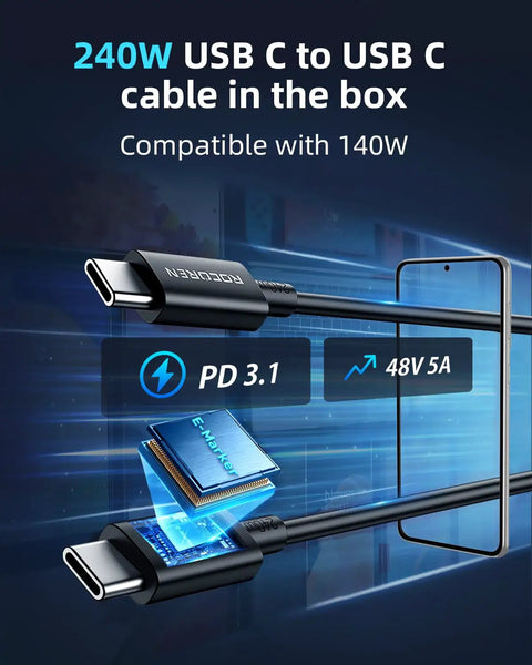 240W USB C cable image, showcasing compatibility with Road Trip Ready PD 3 1 Usb C Fast Car Charger for efficient charging.