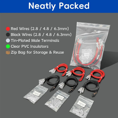 Speaker Wire Connector Kit With 30 Insulated Spade Terminals For 18AWG Cable neatly packed in zip bags