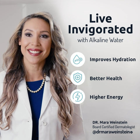 Board certified dermatologist discusses benefits of alkaline water for hydration, health, and energy next to PH002 Alkaline Water Filter Cartridge info.