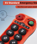 8 Channel Industrial Wireless Crane Hoist Remote Control Set for 12V 24V, close-up of emergency stop button in reinforced nylon shell
