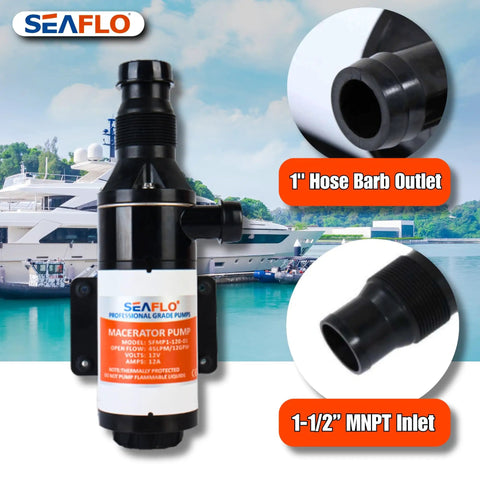 01 Series Macerator Pump 12V DC 12 GPM 45 LPM with Yacht Background, 1 inch Hose Barb Outlet and 1-1/2 inch MNPT Inlet