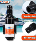12V Macerator Pump For Boats, RVs, And Yachts - 12 GPM Open Flow and close-up of hose barb outlet and MNPT inlet