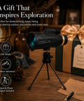 Lightweight 12x60 Monocular for Outdoor Hiking and Travel, Delivers Clear Long Distance Viewing in a Compact Pack, A Go To Outdoor Essential Gift for Men Dad Husband Teens Who Love Camping, Bird Watching, Sightseeing, Travel, and Concerts. black monocular on tripod with gift box