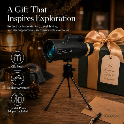 Lightweight 12x60 Monocular for Outdoor Hiking and Travel, Delivers Clear Long Distance Viewing in a Compact Pack, A Go To Outdoor Essential Gift for Men Dad Husband Teens Who Love Camping, Bird Watching, Sightseeing, Travel, and Concerts. black monocular on tripod with gift box