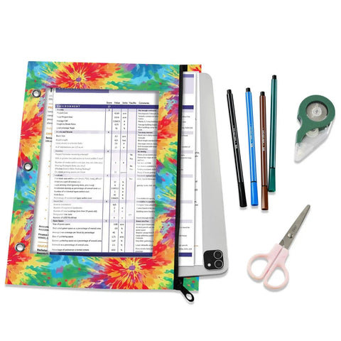 Tie Dye Zippered Coupon Organizer For Binders With Three Grommet Holes and accessories, colorful pouch holding papers
